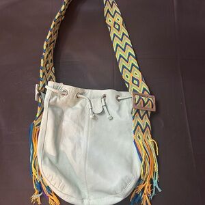 Elegant Turquoise Crossbody Bag with Multicolor Strap